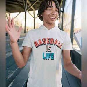 NWOT Boys Light Gray Short Sleeve Graphic Hoodie Baseball is Life - Size YM